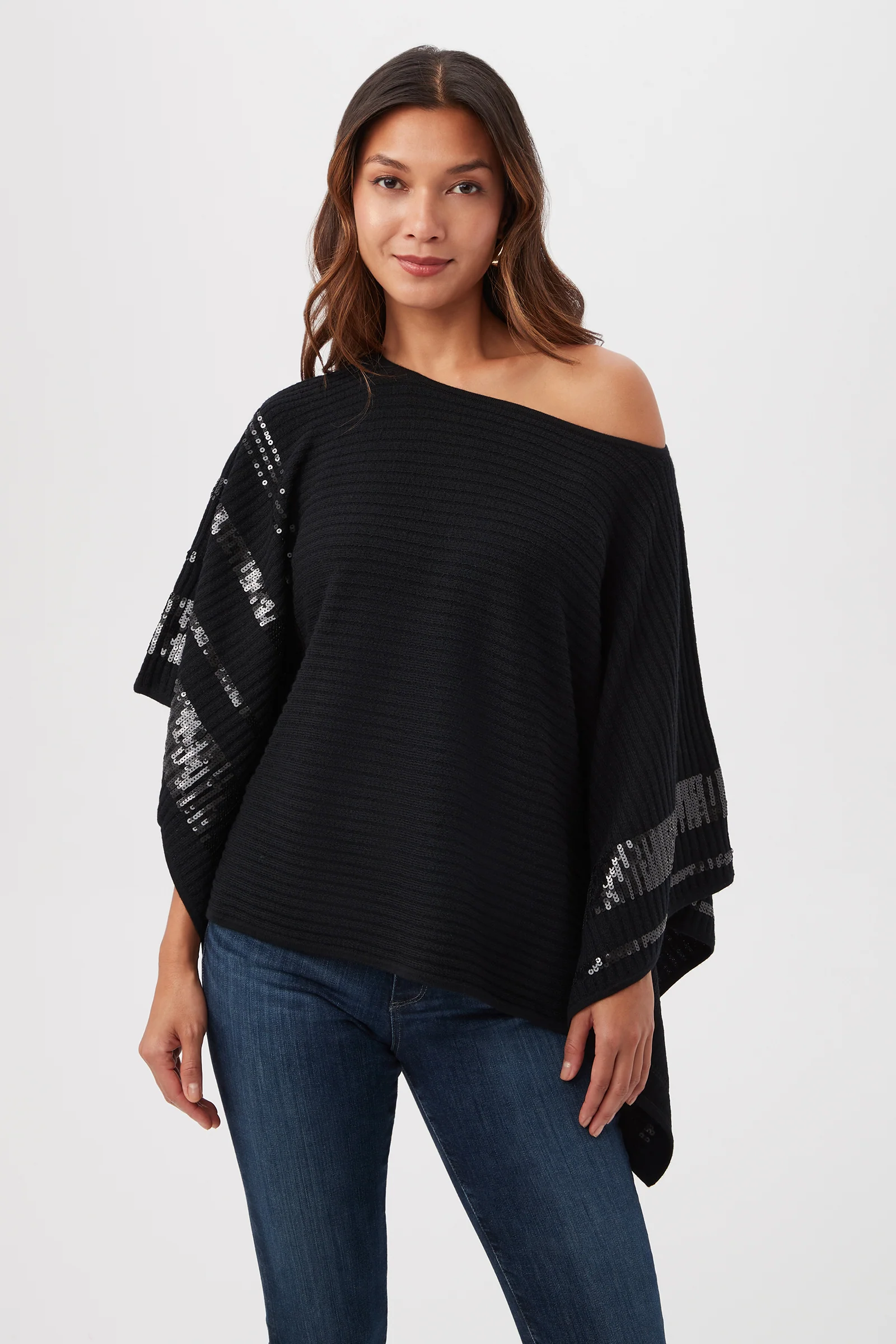 Adela Merino Wool Wrap Sweater With Black Sequin Stripes - Image 2