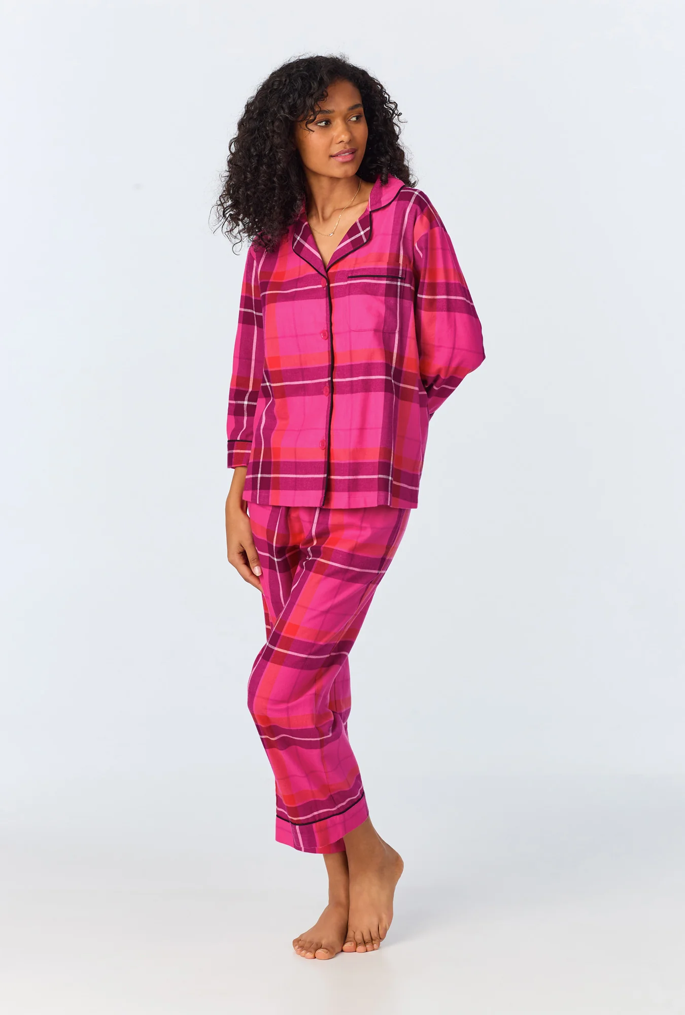 Aurora Plaid Women's 3/4-Sleeve Cropped Pant Flannel PJ Set - Image 2
