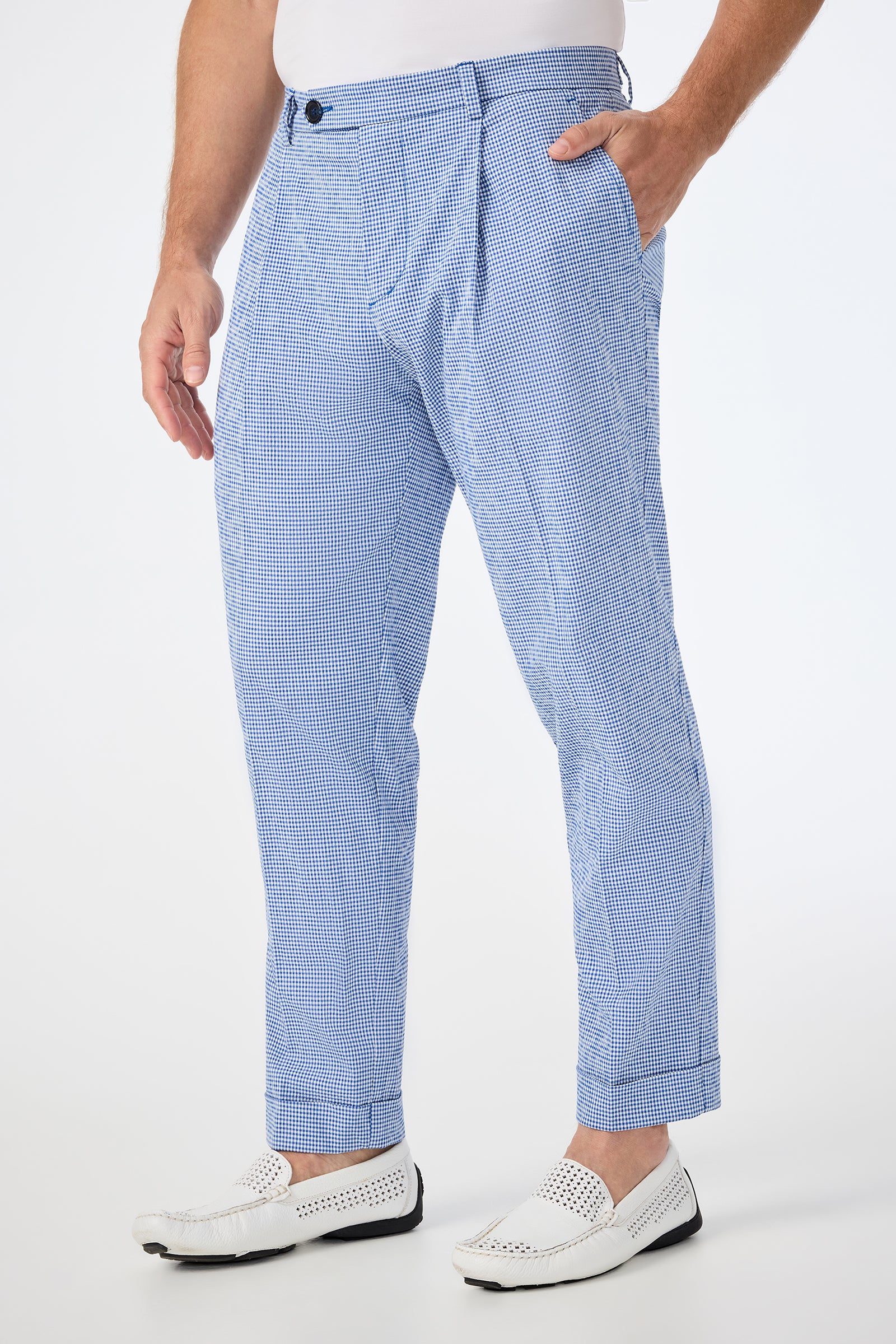Beale Pleated Trouser - Ocean Gingham - Image 3