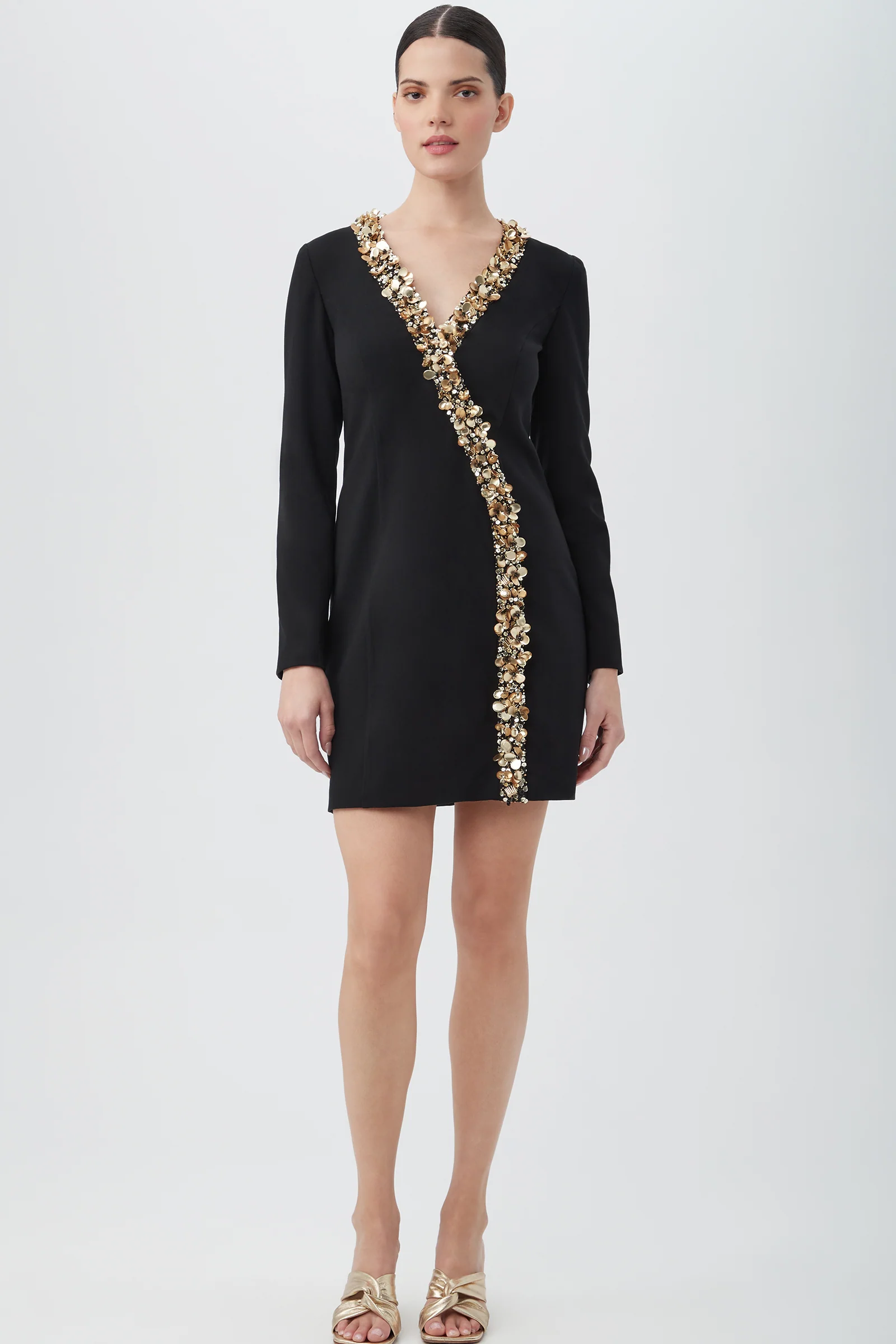 Darliah Black Long-Sleeve Cocktail Dress With Gold Trim