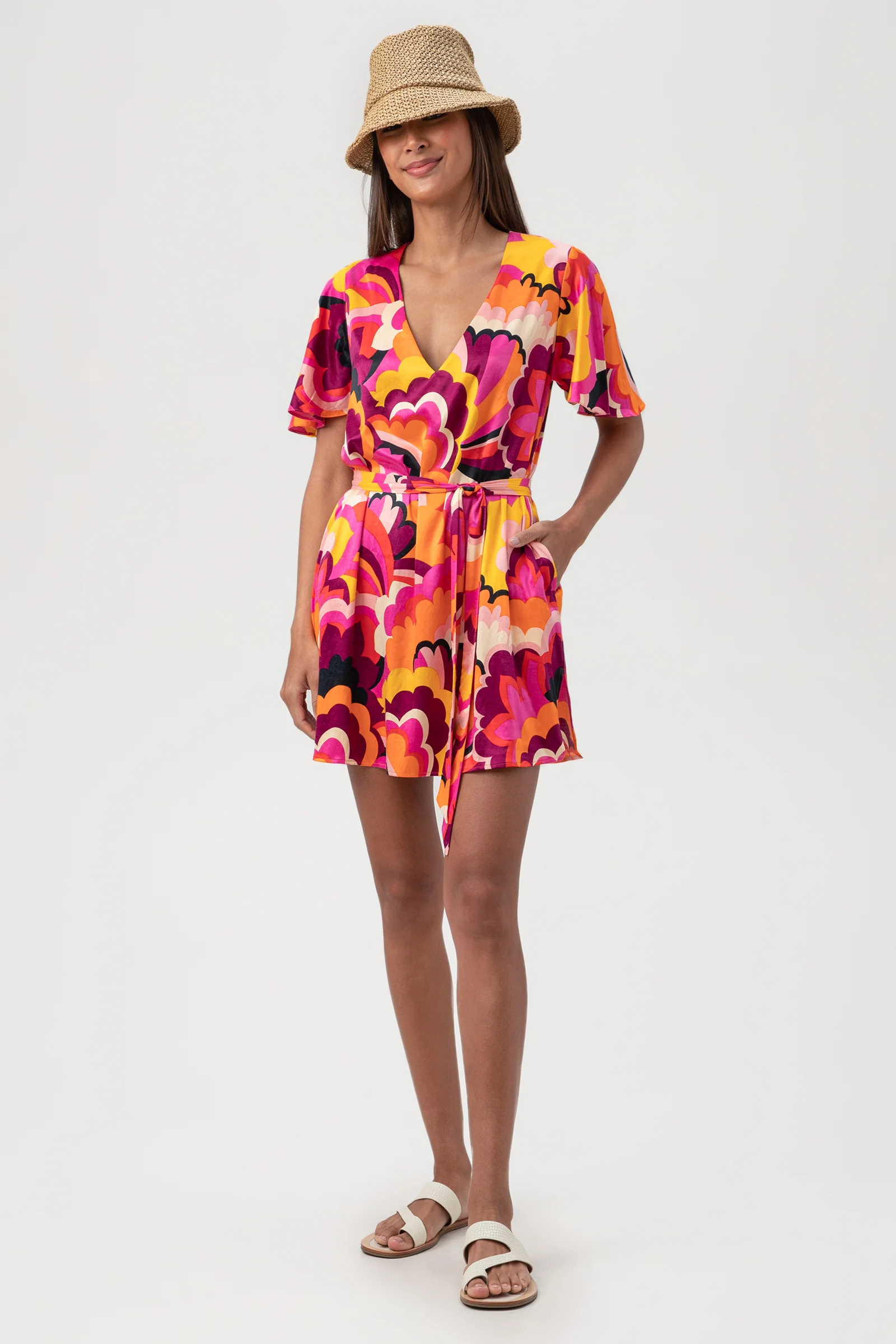 Women's Fan Faire Short Sleeve V-Neck Swim Cover-Up Dress