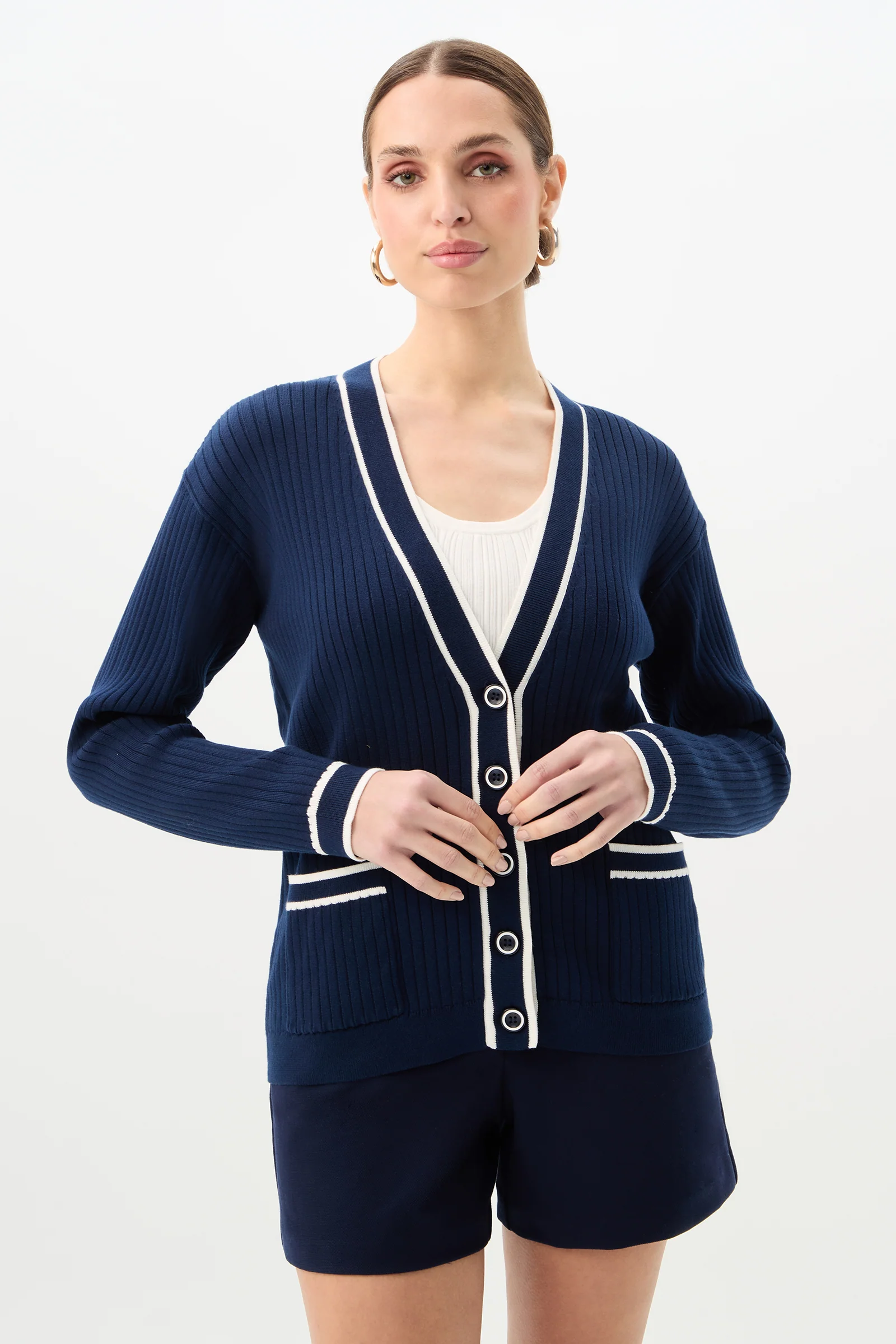 Henin Contrast Trim V-Neck Knit Cardigan