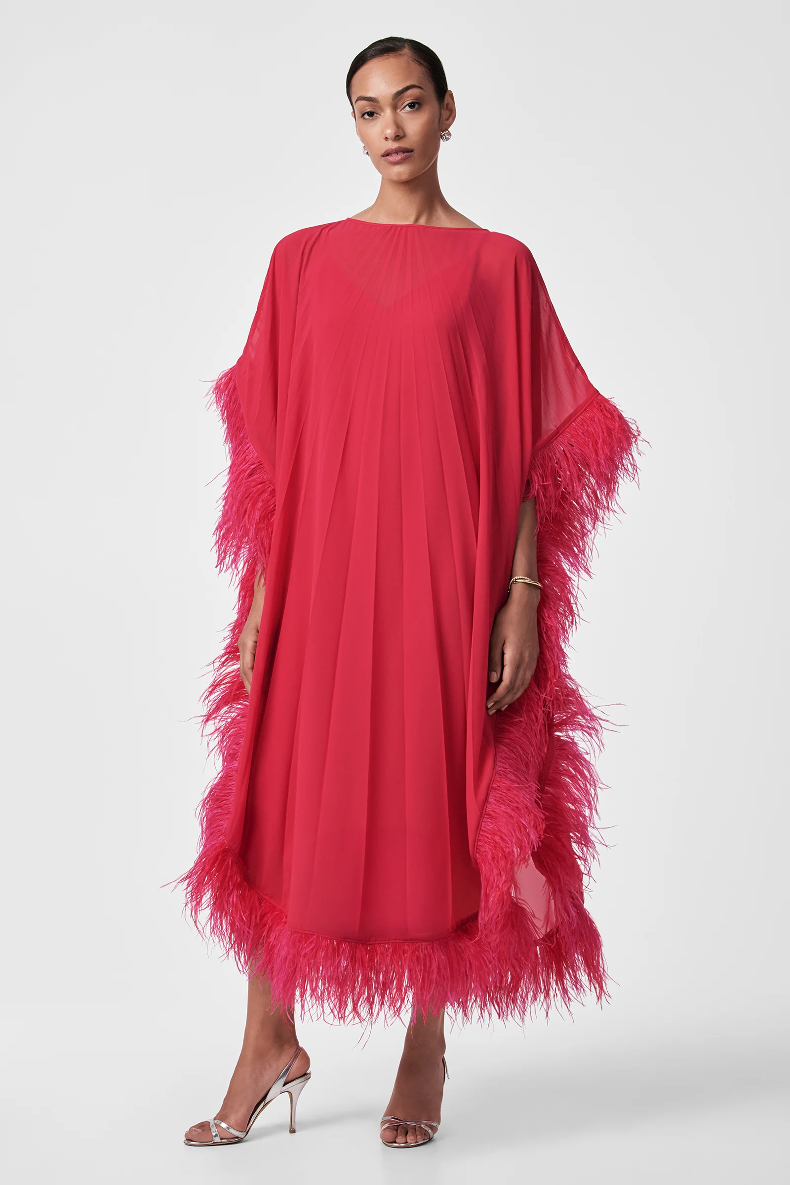 Pleated Neena Feather-Trimmed Caftan Dress