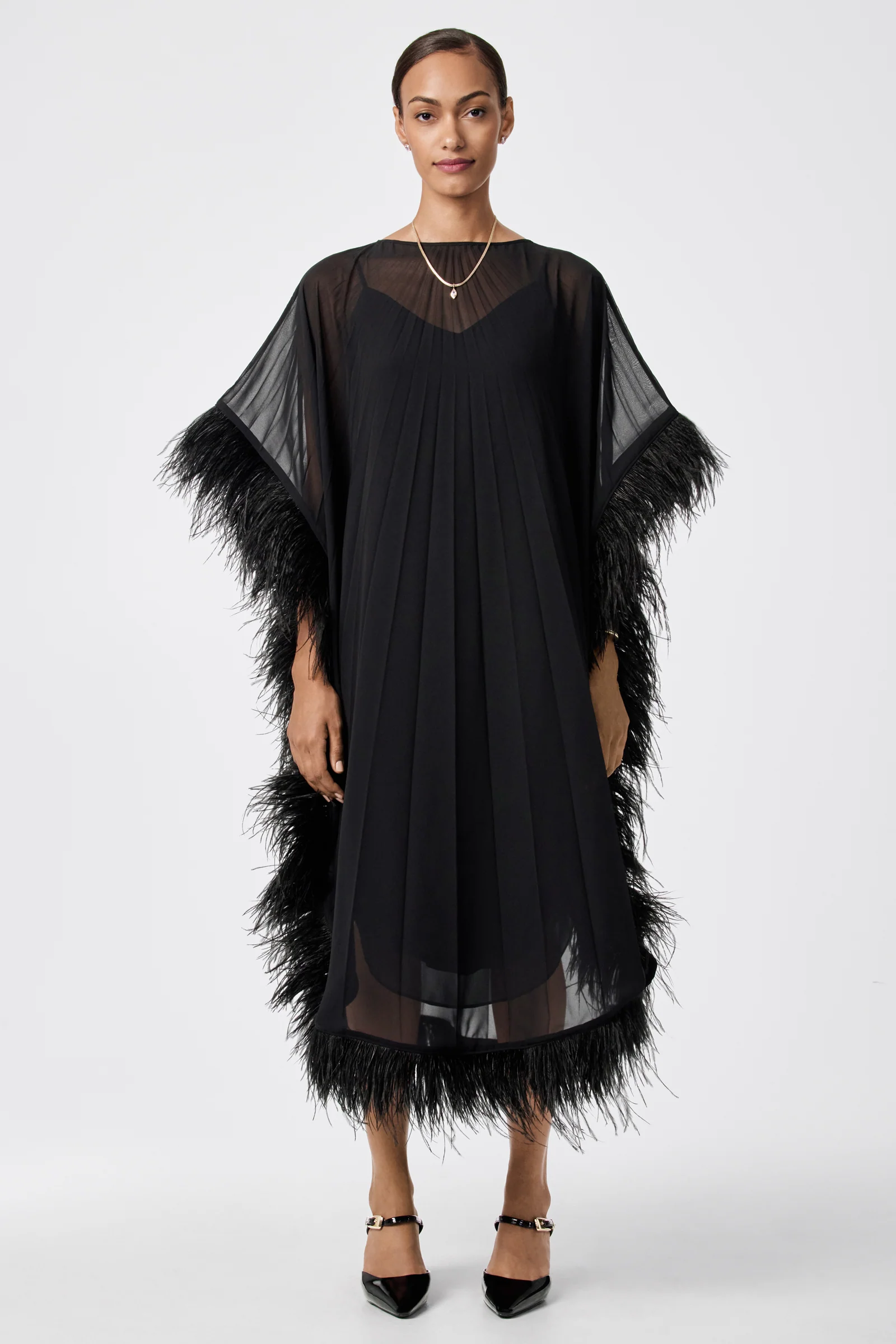 Pleated Neena Feather-Trimmed Caftan Dress - Image 5