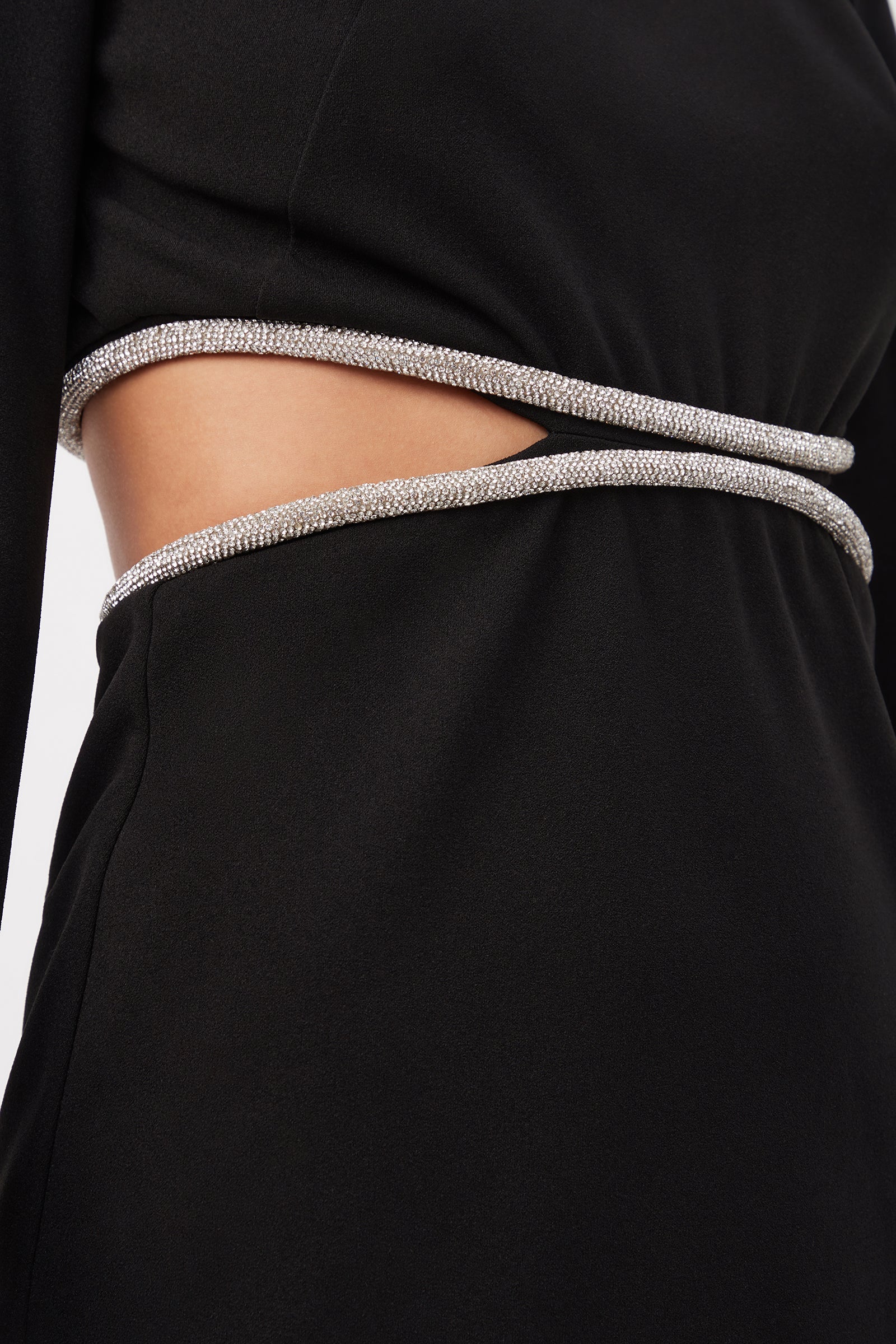 Sabia Long-Sleeve Crepe Knit Dress With Rhinestone Trim And Waist Cutouts - Image 5