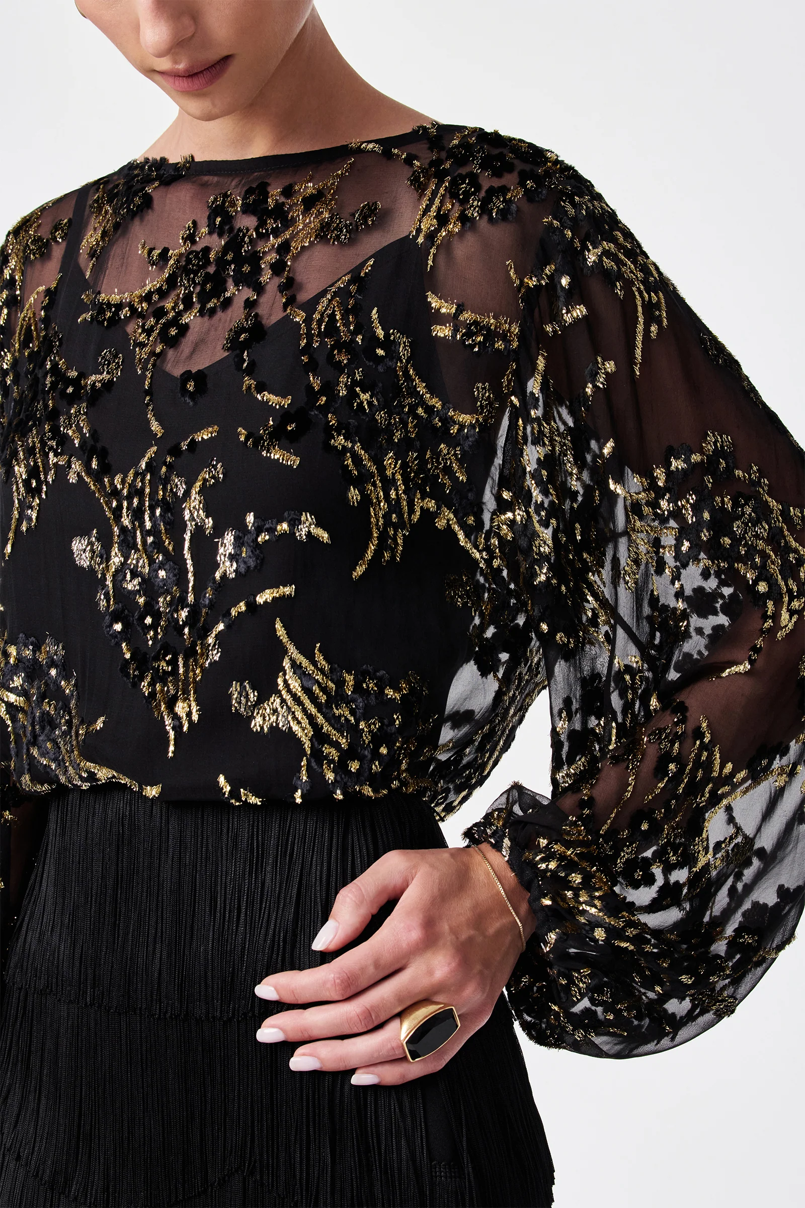Ursa Metallic Burnout Balloon Sleeve Top - Image 5
