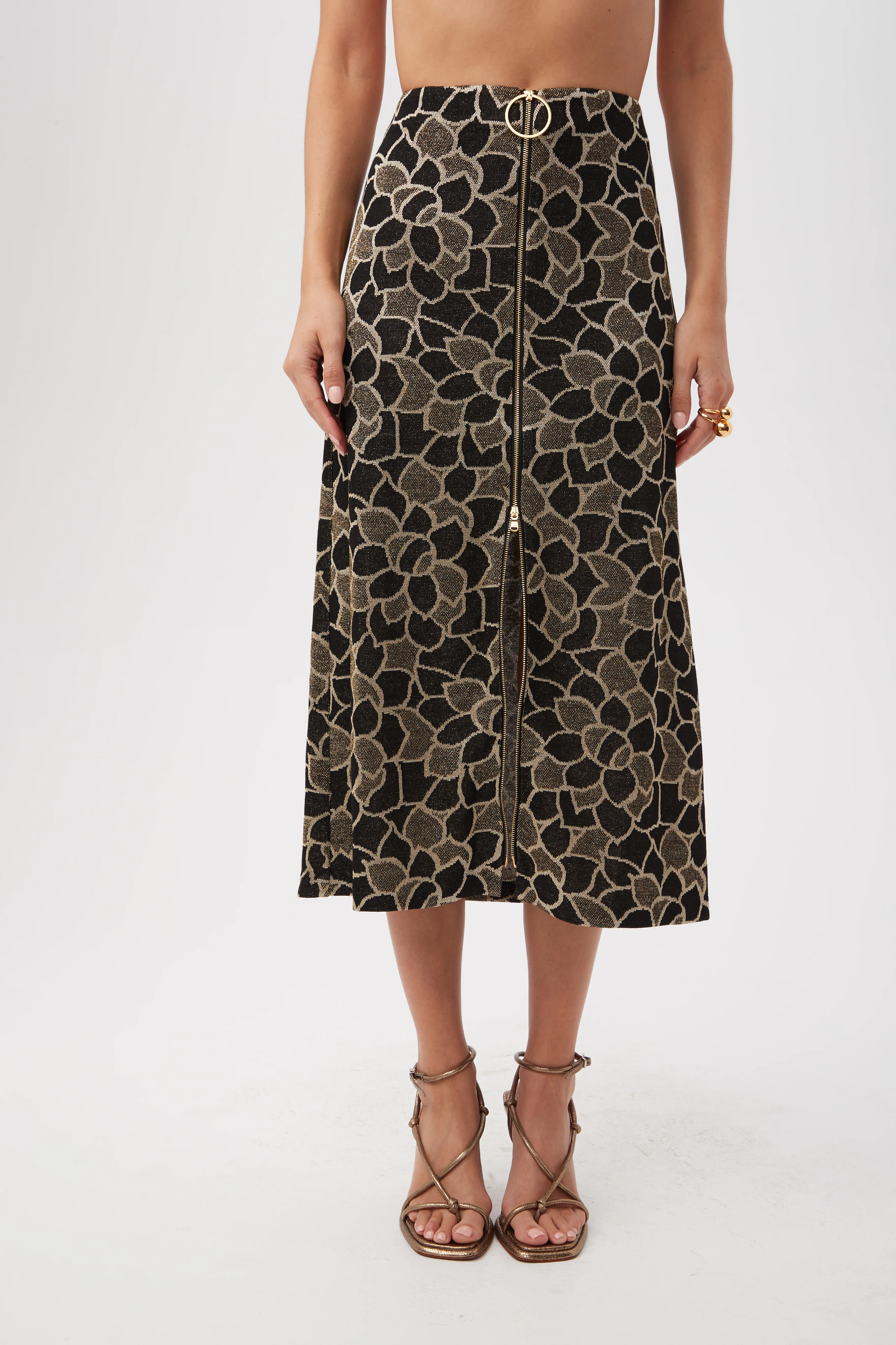 Zane Metallic Knit Jacquard Zip-Front Midi Skirt
