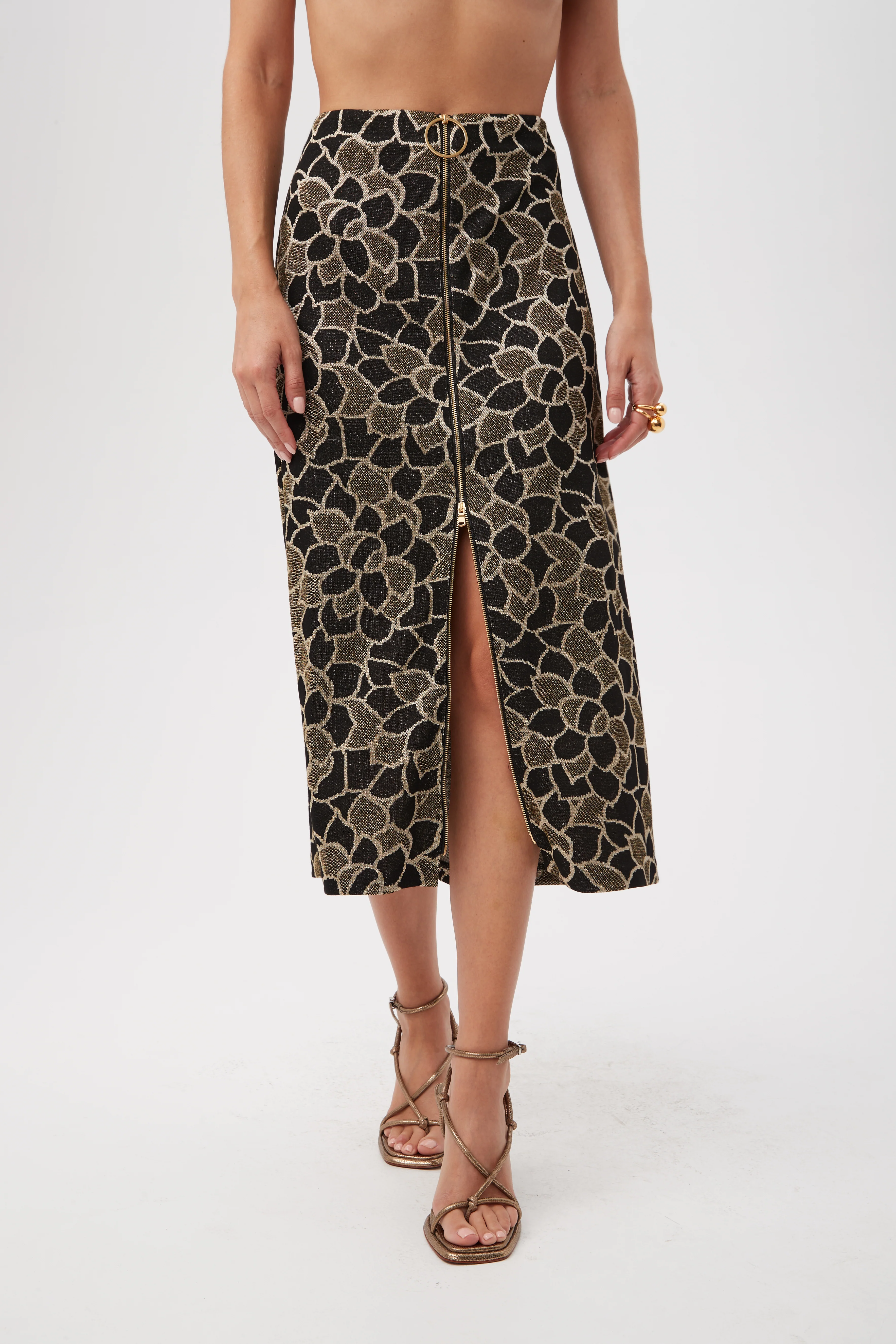Zane Metallic Knit Jacquard Zip-Front Midi Skirt - Image 3