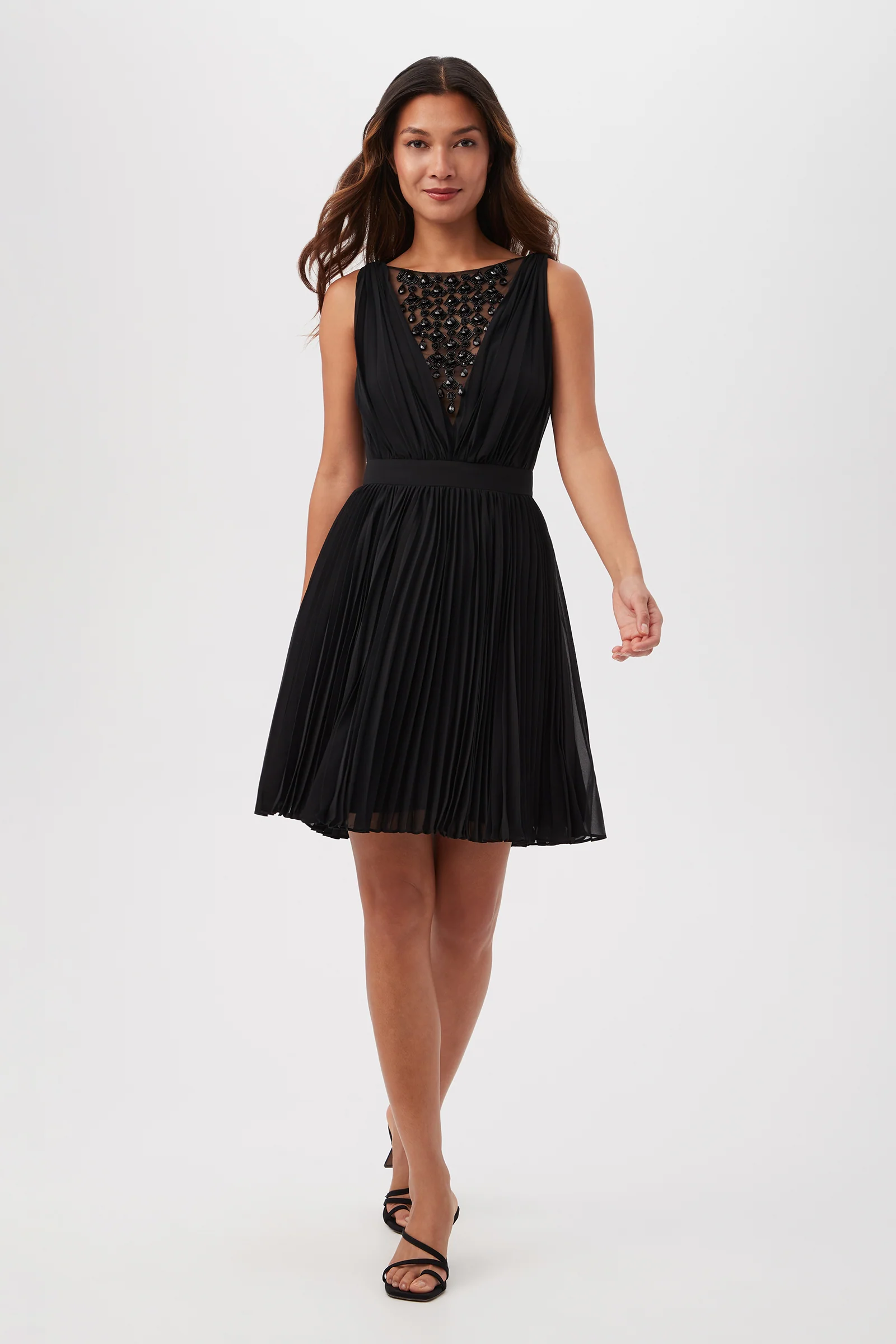 Zathar Sleeveless Dress With Jeweled Front And Accordion Pleats