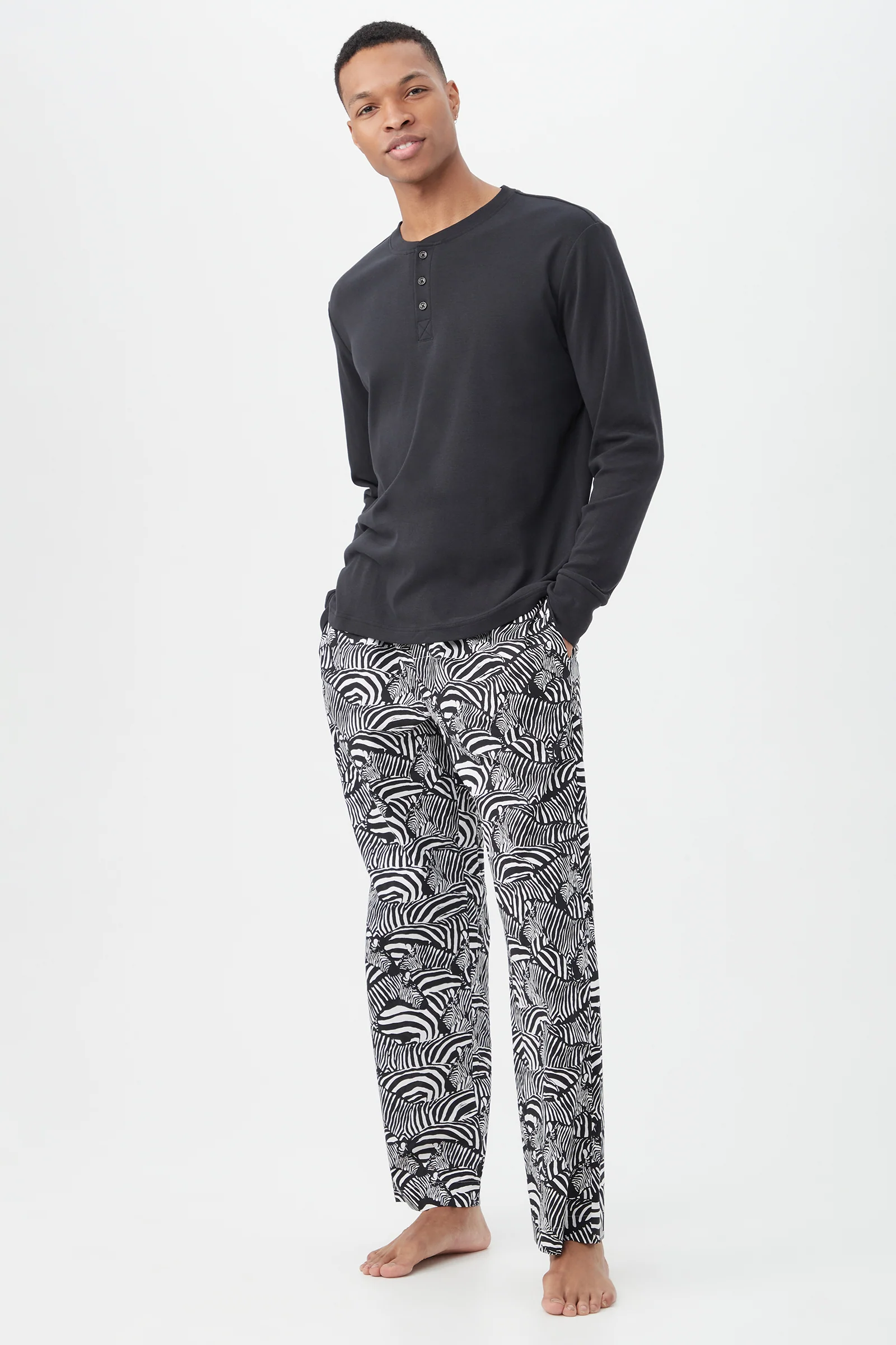 Zebra Safari Men's Long Sleeve Henley Long Pant Poplin PJ Set