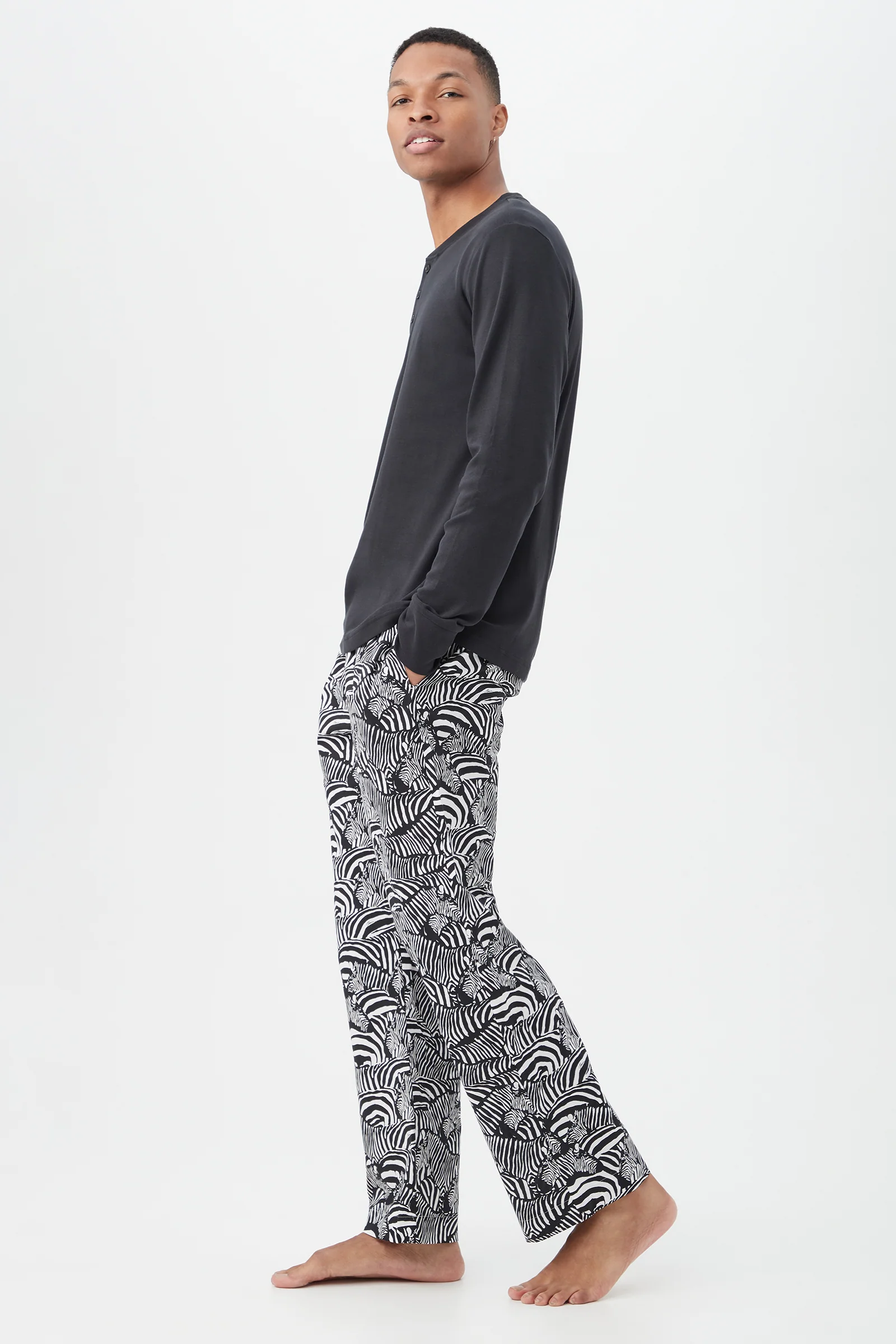 Zebra Safari Men's Long Sleeve Henley Long Pant Poplin PJ Set - Image 2