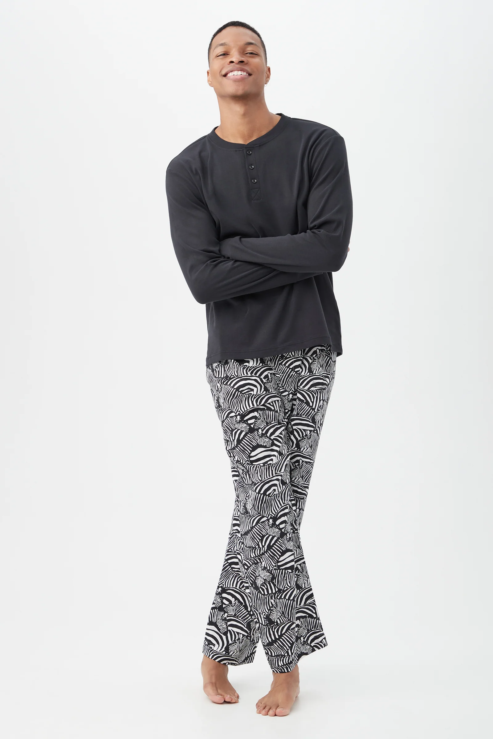 Zebra Safari Men's Long Sleeve Henley Long Pant Poplin PJ Set - Image 4