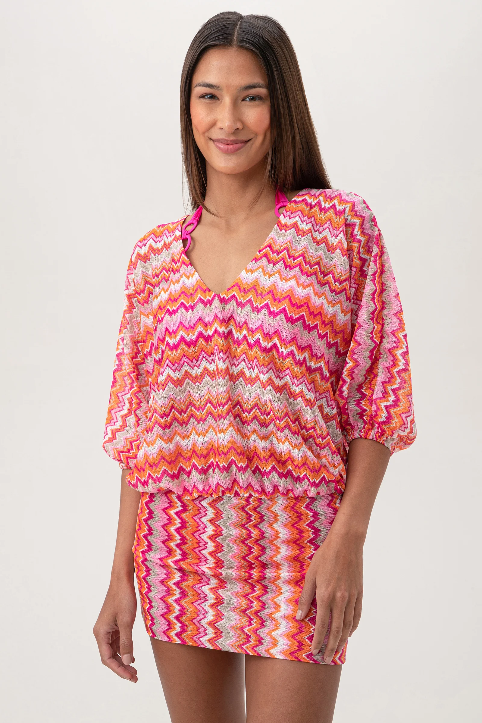 Women's Zen Zig Zag Crochet V-Neck Short Swim Cover-Up Dress