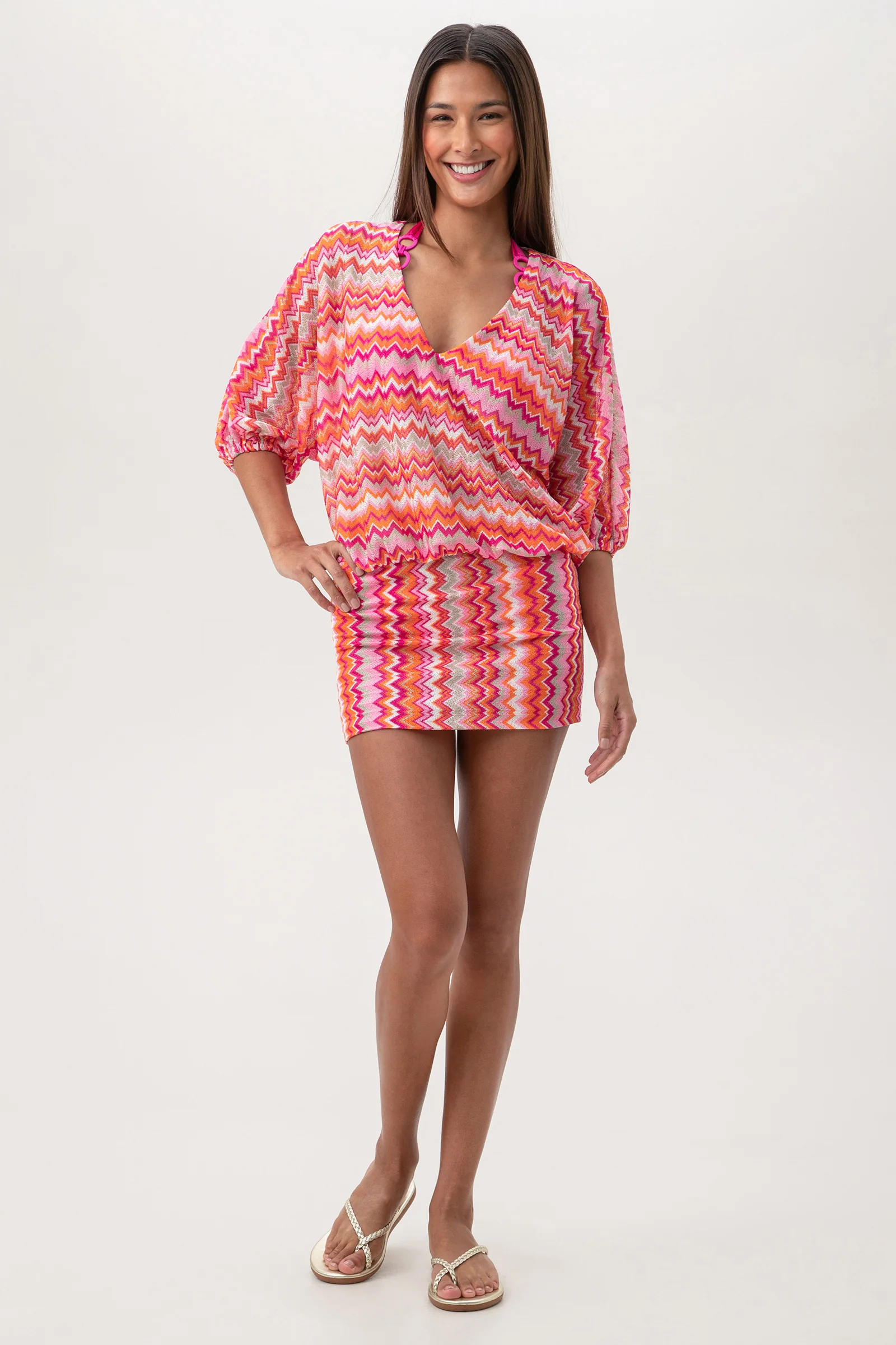 Women's Zen Zig Zag Crochet V-Neck Short Swim Cover-Up Dress - Image 4